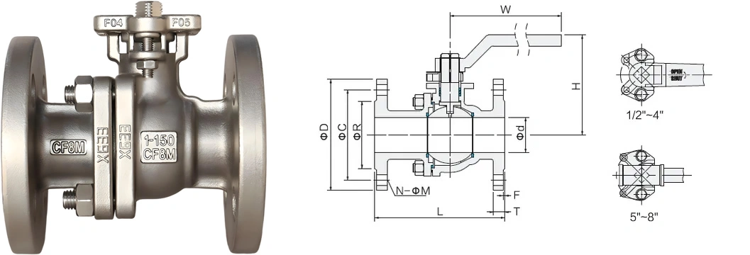 ANSI 150LB Flange Stainless Steel 304 316 CF8M PTFE Seal Floating Ball Valve