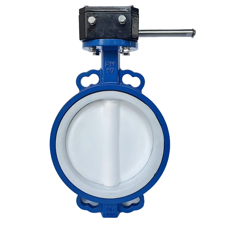 API 609 ASME CE DN200 PN10 GGG40 Ductile Iron 2507 Duplex Steel PTFE Full-Lined Wafer Type Concentric Line Soft Seal Butterfly Valve